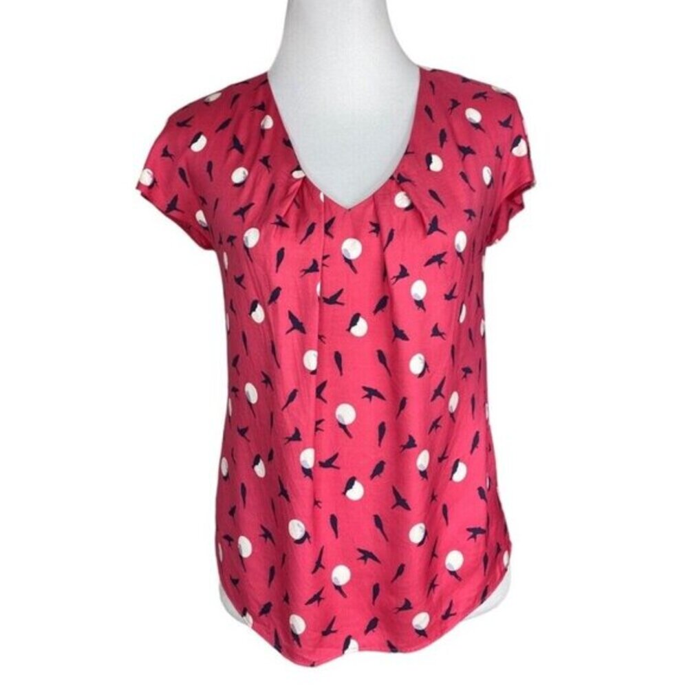 Boden Silk Blend Flying Bird Print V-Neck Blouse Pink Navy US 2 WA745 Cap Sleeve